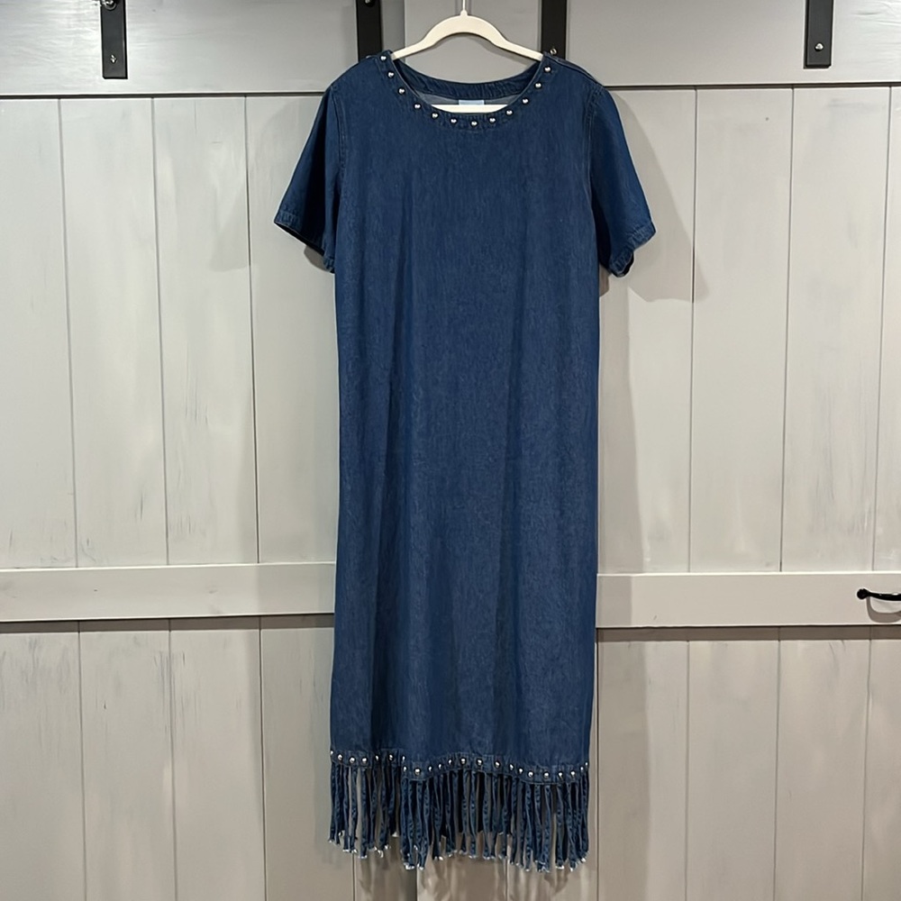 Vintage Denim Maxi Dress Fringed And Studded Hem Studded Collar Boho Hippy Style